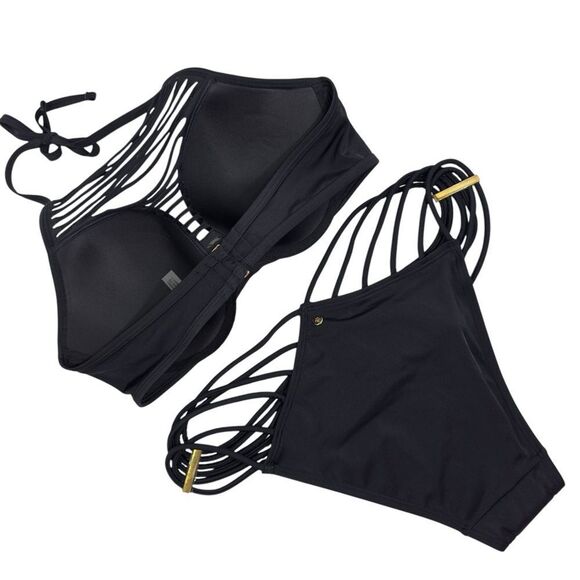 NWT VS STRAPPY PUSH UP TOP 36D & STRAPPY BRAZILIAN BIKINI BOTTOM SWIMSUIT SET XL - Picture 8 of 11